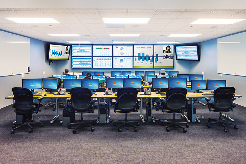 Room with many desks with dual computer monitors, digital signage displays, and a video wall