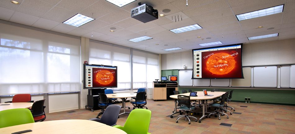 Screen and projector in classroom