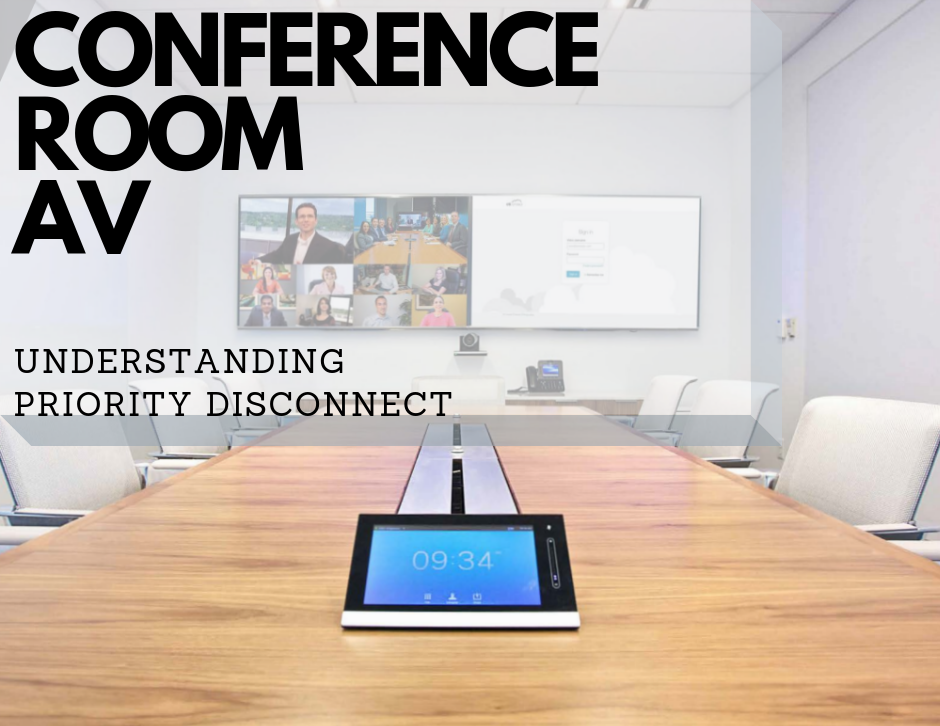 conference room text: conference room av understanding priority disconnect. long table with chairs and video screens