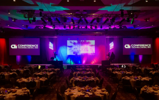 stage set with lighting and projectors
