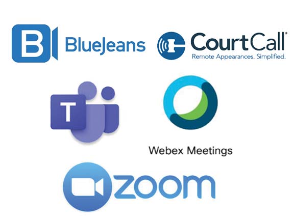 BlueJeans, CourtCall, Microsoft Teams, Webex Meetings and Zoom logos