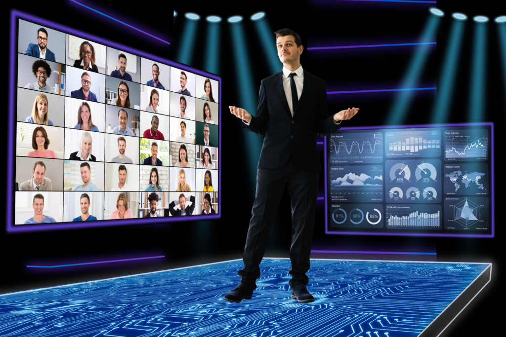 Speaker,At,Virtual,Training,Seminar.,Training,Conference,With,Audience Hybrid Events: They're Not as Difficult As You Think