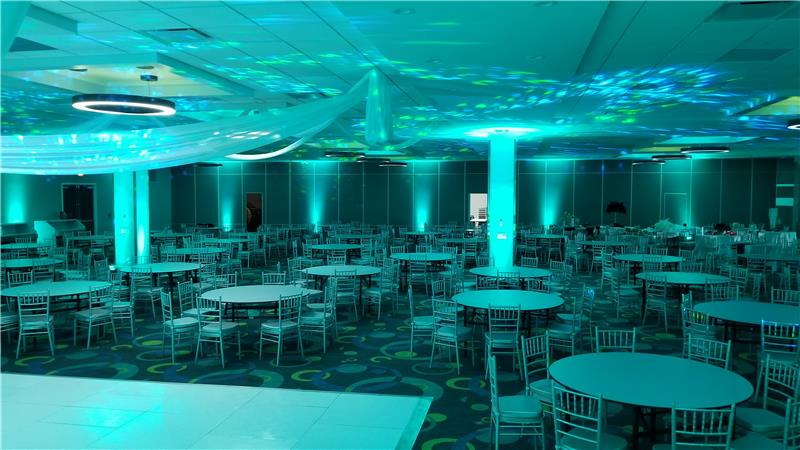 blue lit conference setup