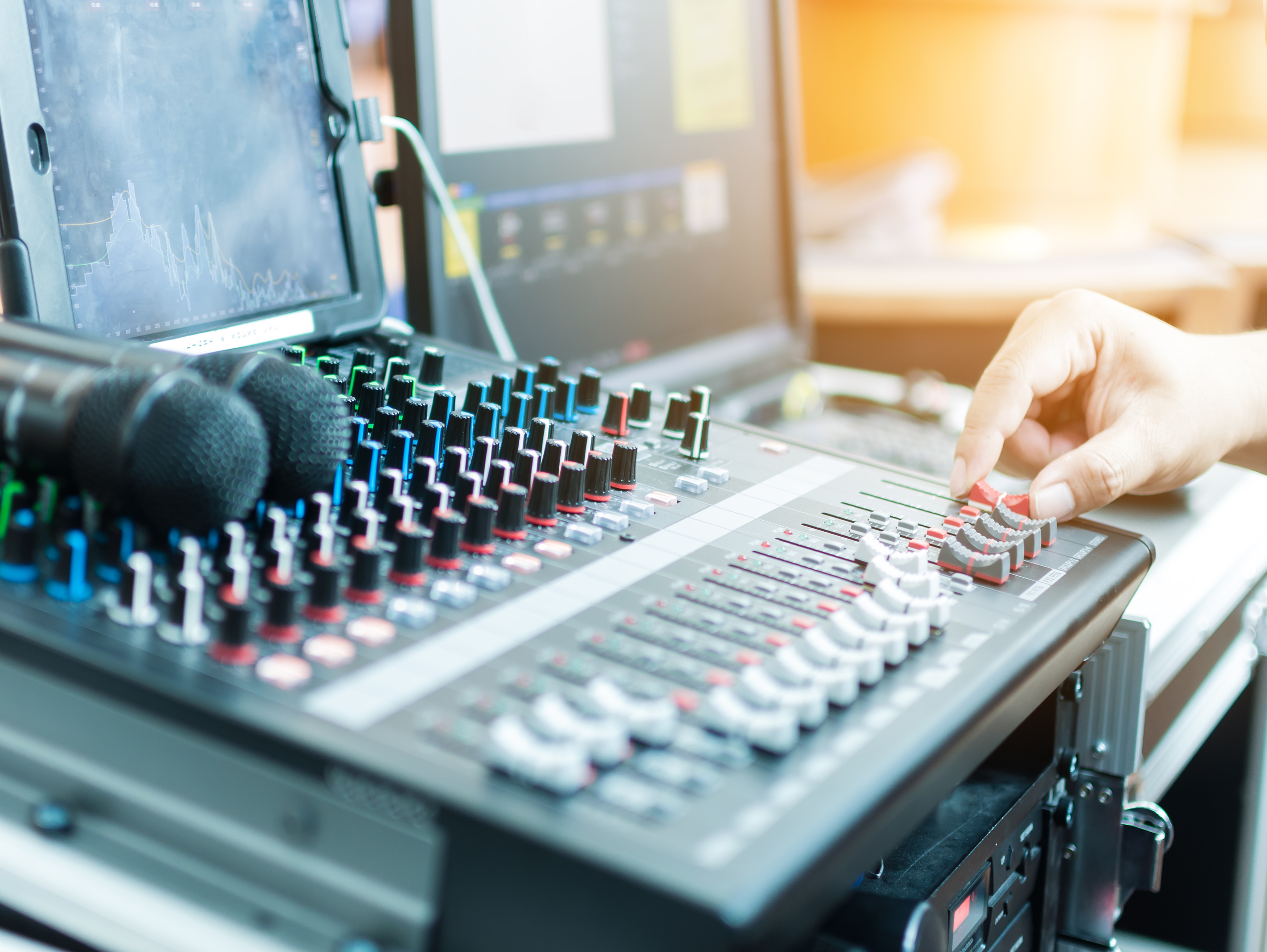 Hand,Of,Technician,Using,Sound,System,Mixing,Audio,Equipment,Board Stadium Sound Technology