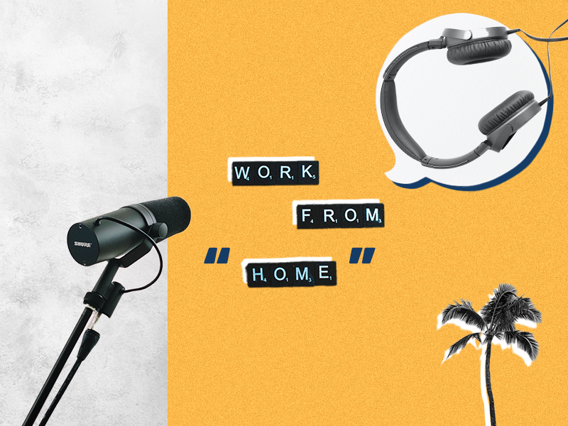 Work from home spelled in scrabble letters with a microphone, headphones and a palm tree