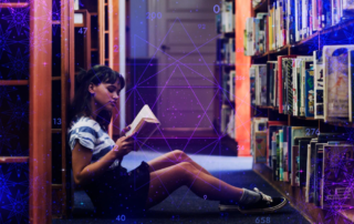 girl reading book in library with digital overlay