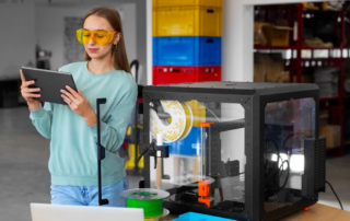 woman holding tablet next to 3D printer