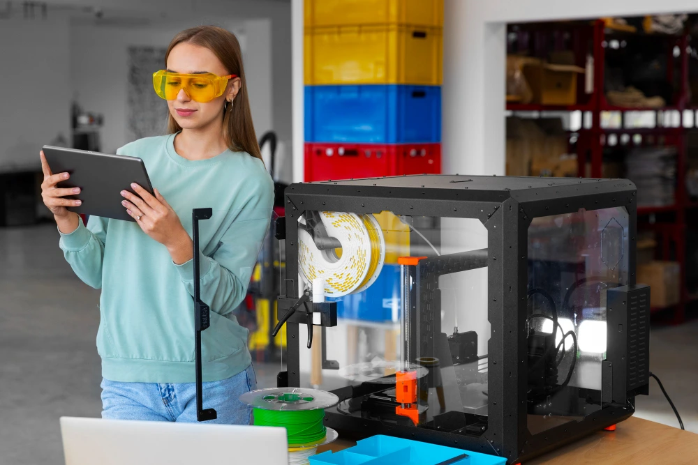 2151037099 woman holding tablet next to 3D printer