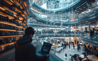 person using laptop in futuristic library