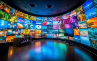 curved video wall of colorful nature images with standalone monitor