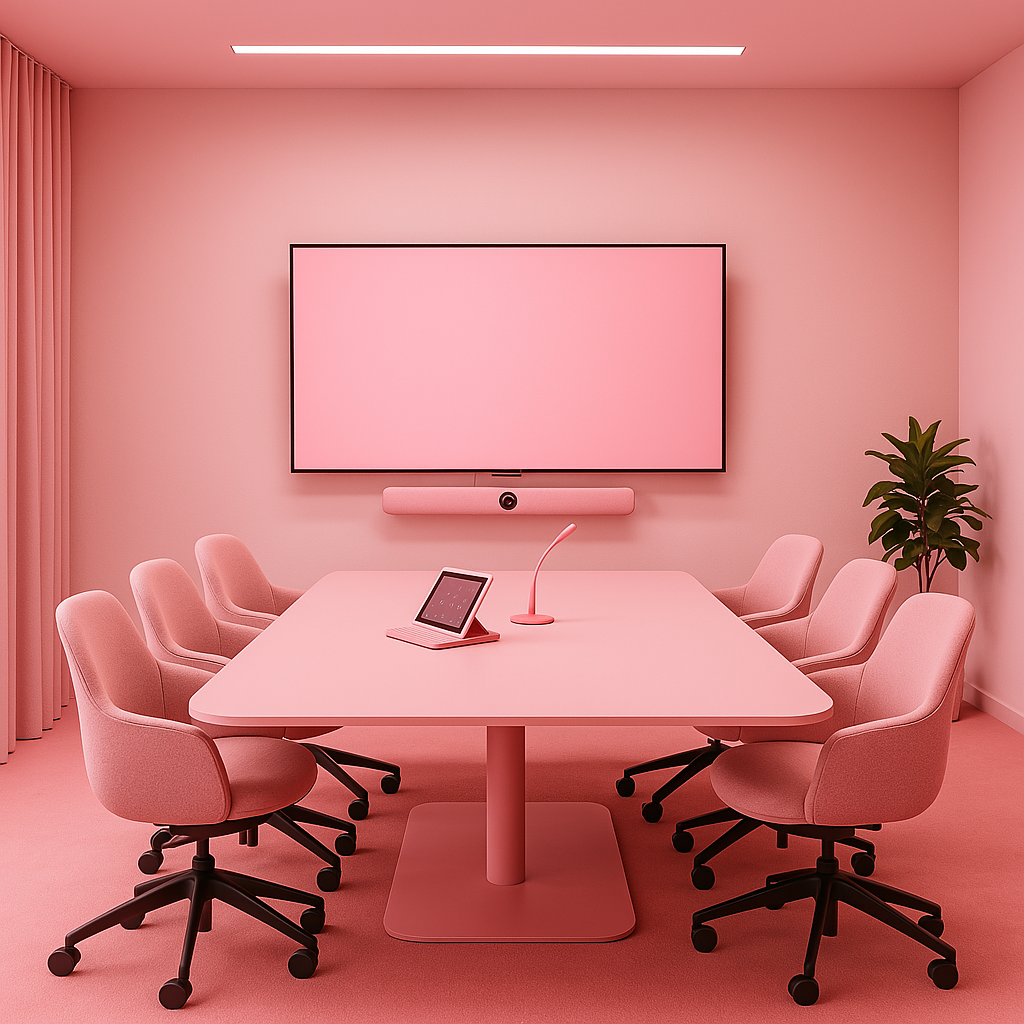 monochrome pink meeting room with monitor tablet and microphone