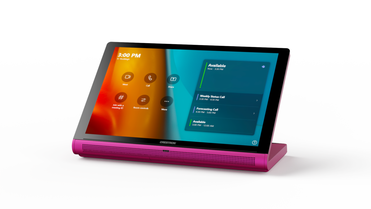 Pink_TS_1070 (1) A touchscreen Crestron control panel device on a table