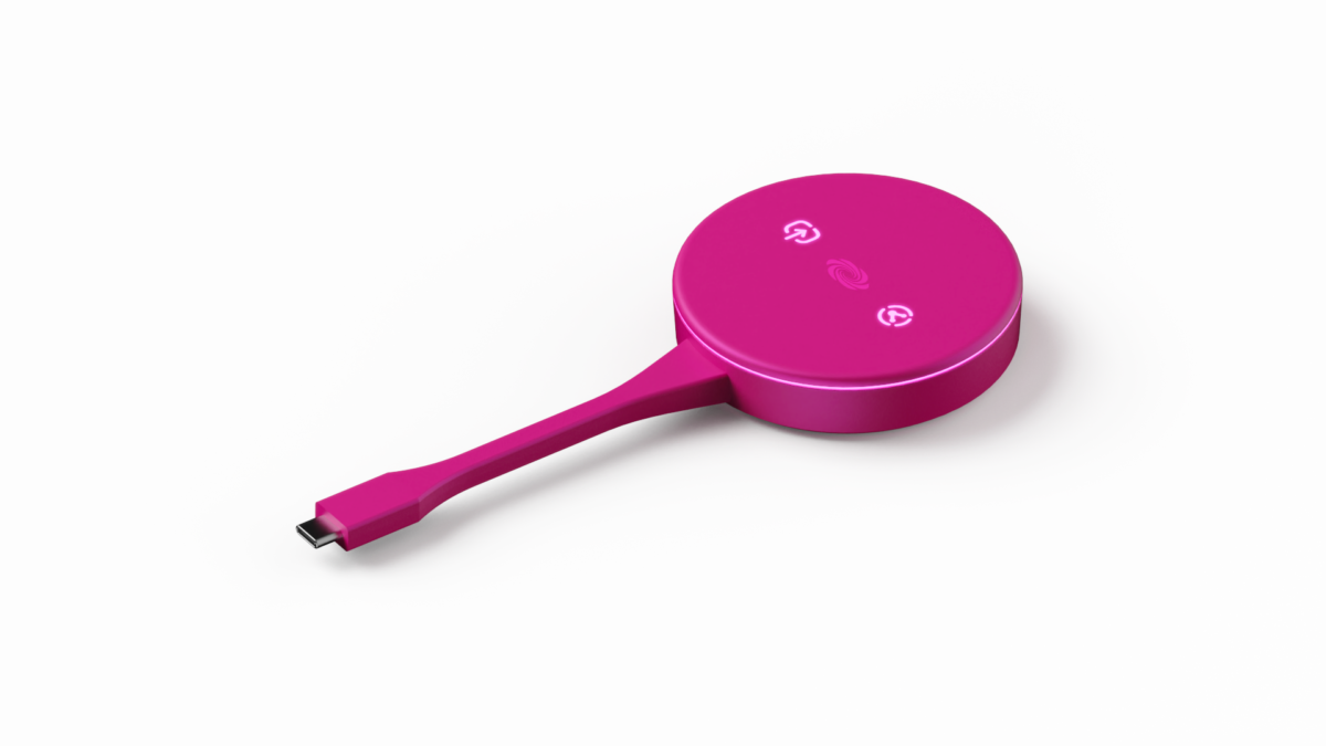 Pink_TX-100 (1) A magenta circular USB‑C puck style dongle device