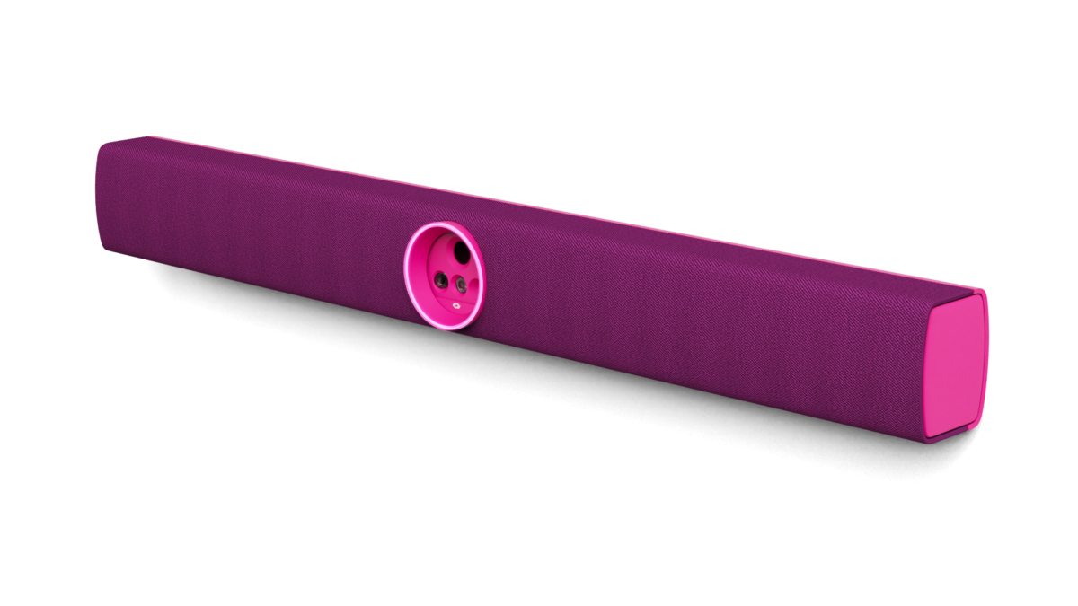 Pink_VB-70 (1) A magenta fabric covered soundbar speaker device