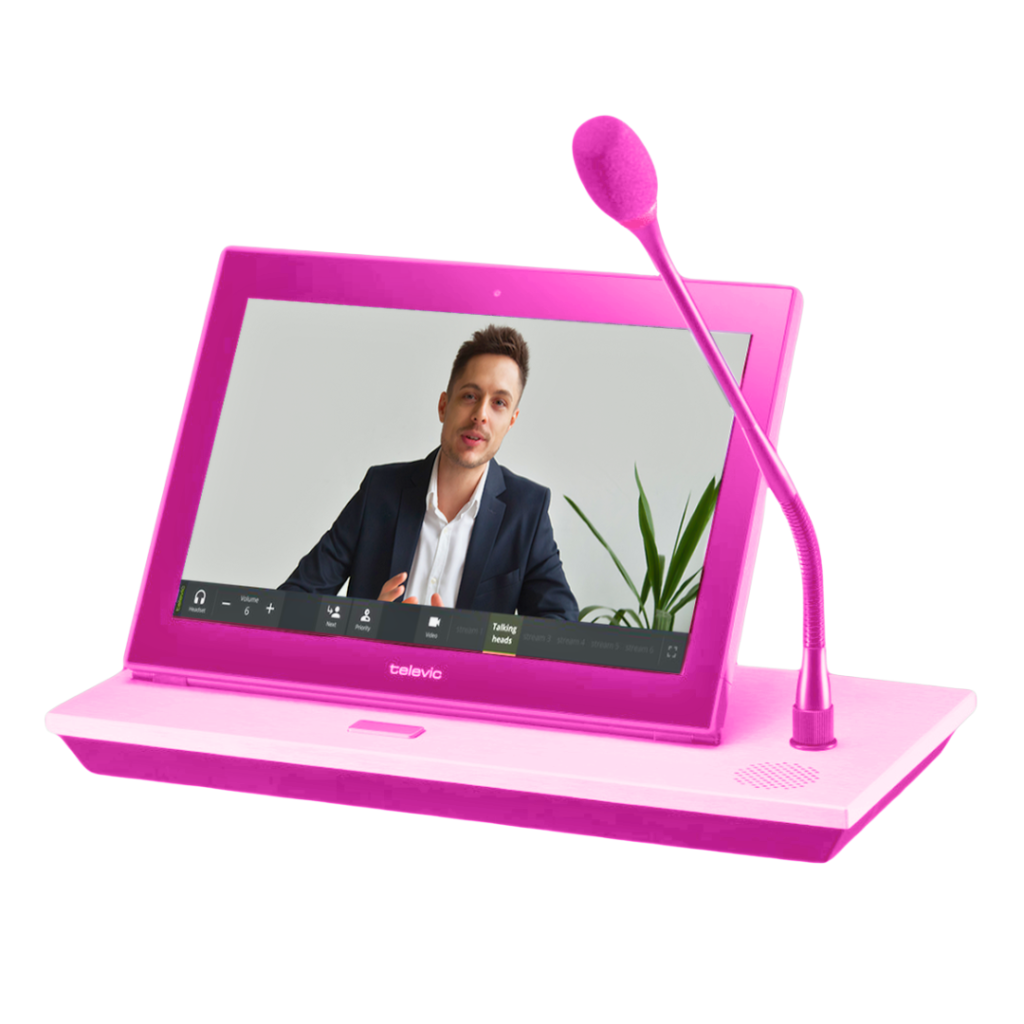 Televic-UniCOS-Core Pink video conferencing system showing man in virtual meeting