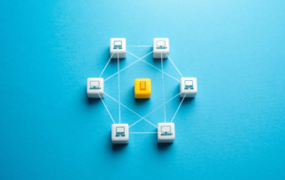 connected network diagram of laptops and central server block