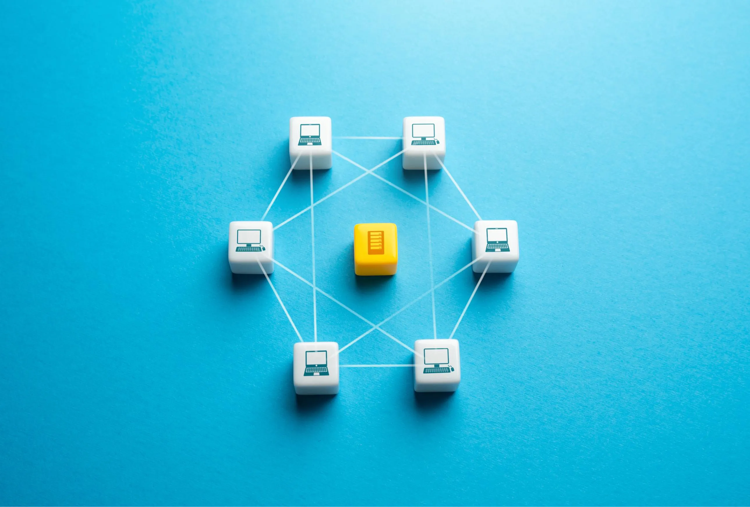 connected network diagram of laptops and central server block