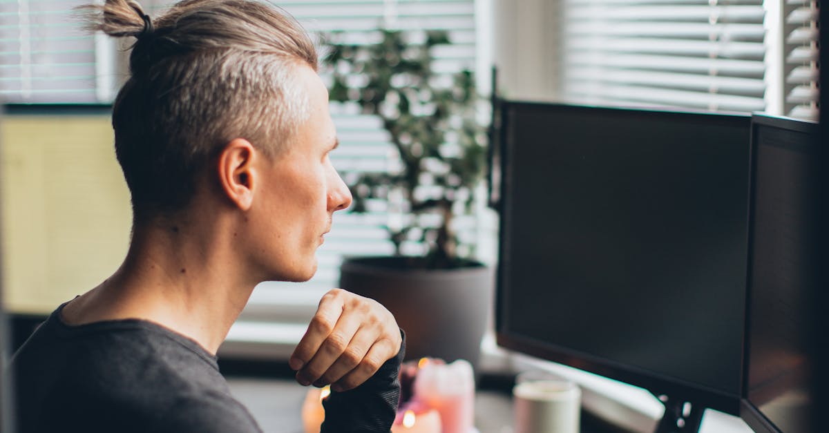 person sitting at desk looking at dual computer monitors