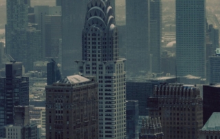 aerial city skyline with Chrysler Building and surrounding skyscrapers