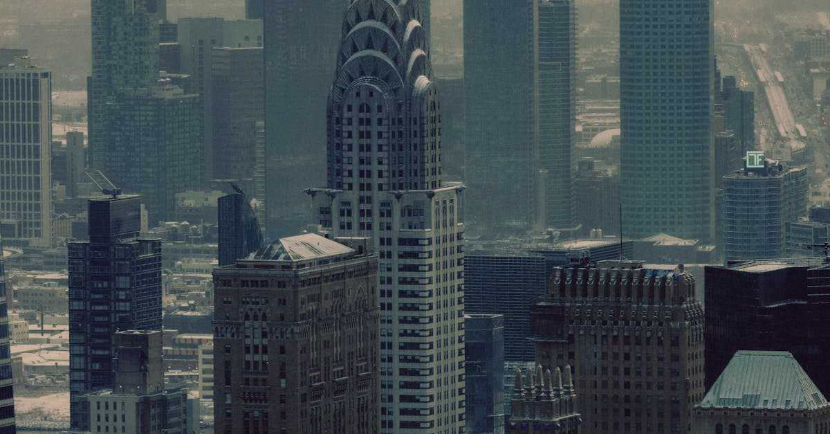 aerial city skyline with Chrysler Building and surrounding skyscrapers