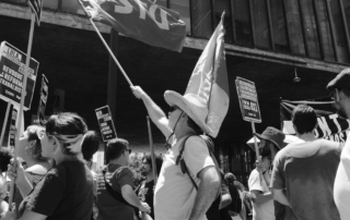protesters holding flags and signs