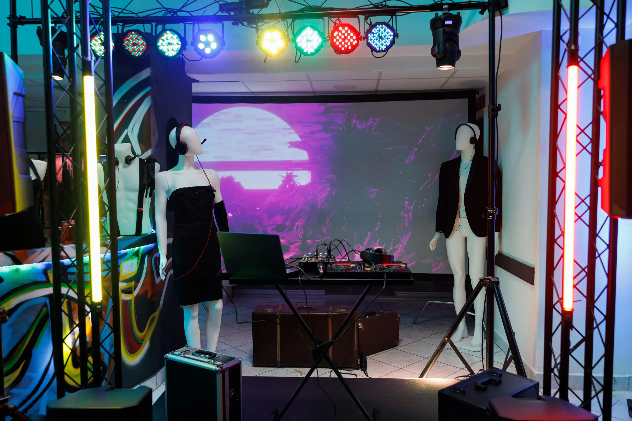 mannequins with headphones and laptop dj controller under stage lights