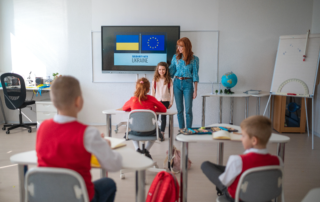 classroom presentation with wall‐mounted monitor and globe