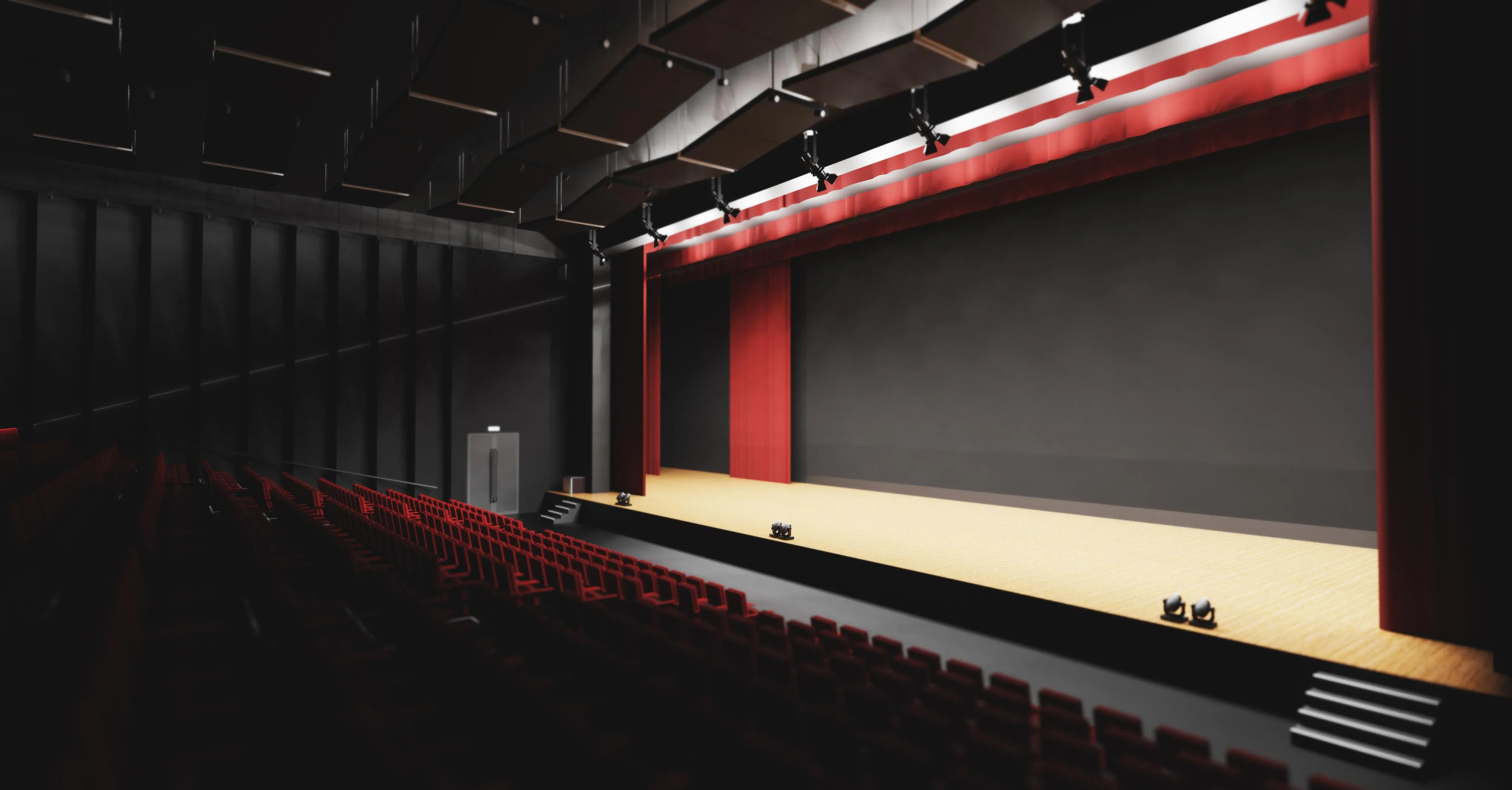 empty auditorium stage with red seats no device visible