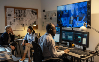 Analysts reviewing security footage on multiple monitors in office