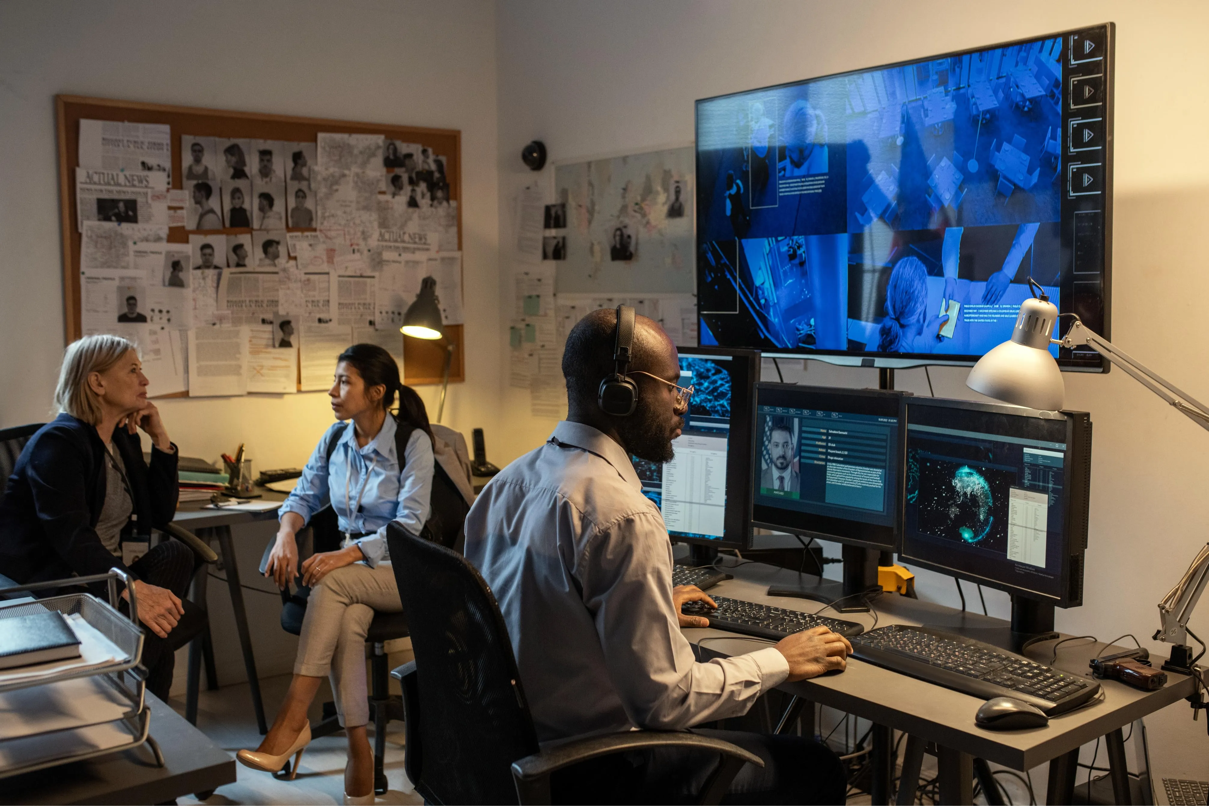 Analysts reviewing security footage on multiple monitors in office