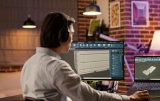 Designer working on 3D models using dual monitors and headphones