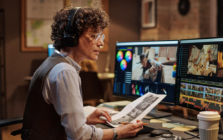 Woman editing video on dual monitors with color grading software
