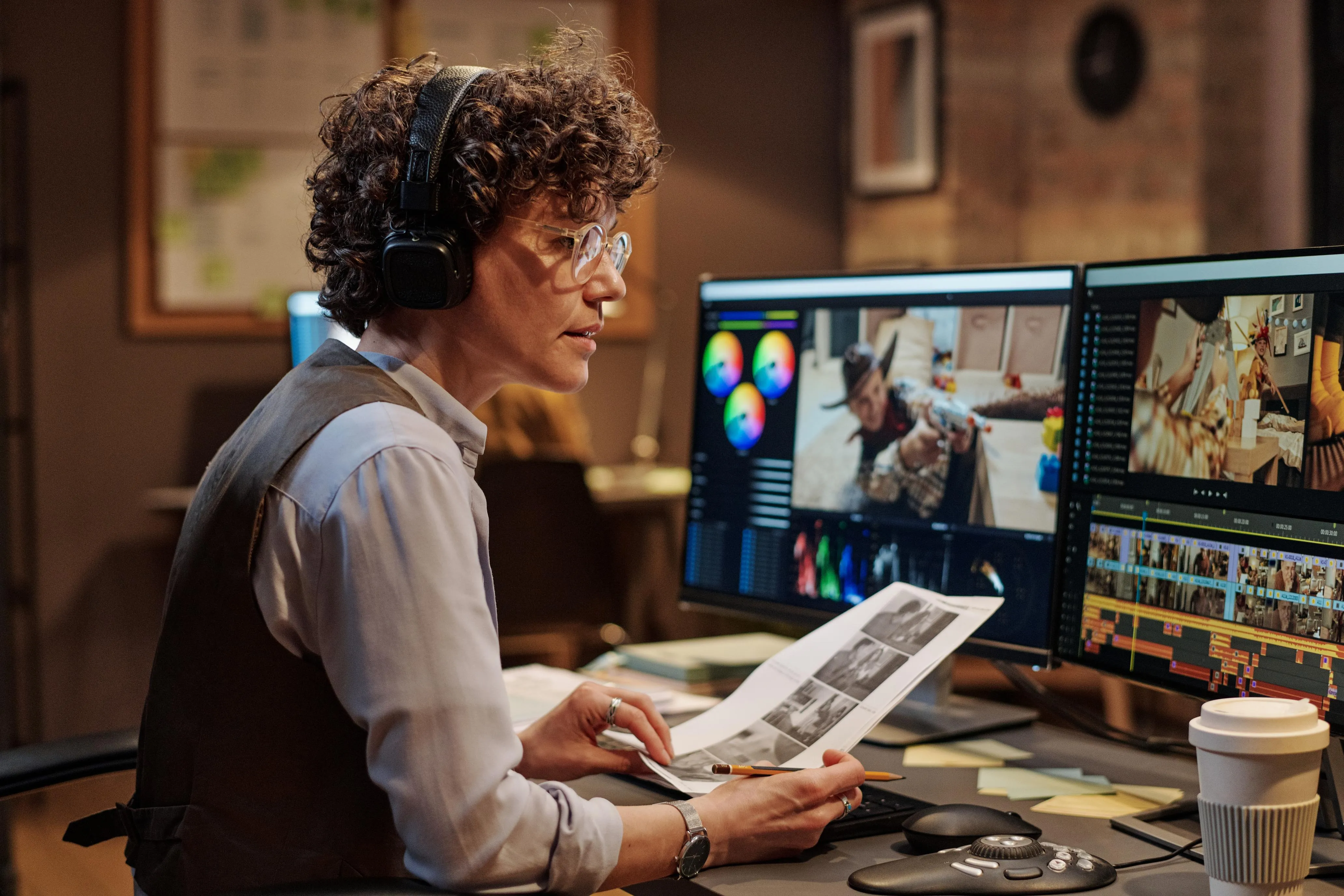 Woman editing video on dual monitors with color grading software