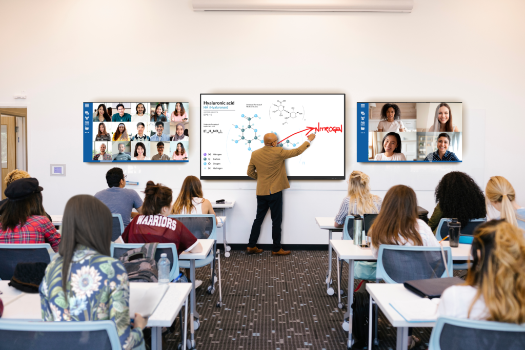 createboard Teacher using interactive whiteboard and video call monitors in hybrid classroom