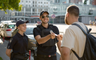 police officer handing id to civilian outdoors