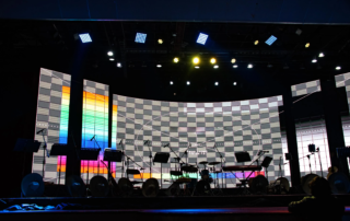 stage with large LED screens and microphone stands device LED screens