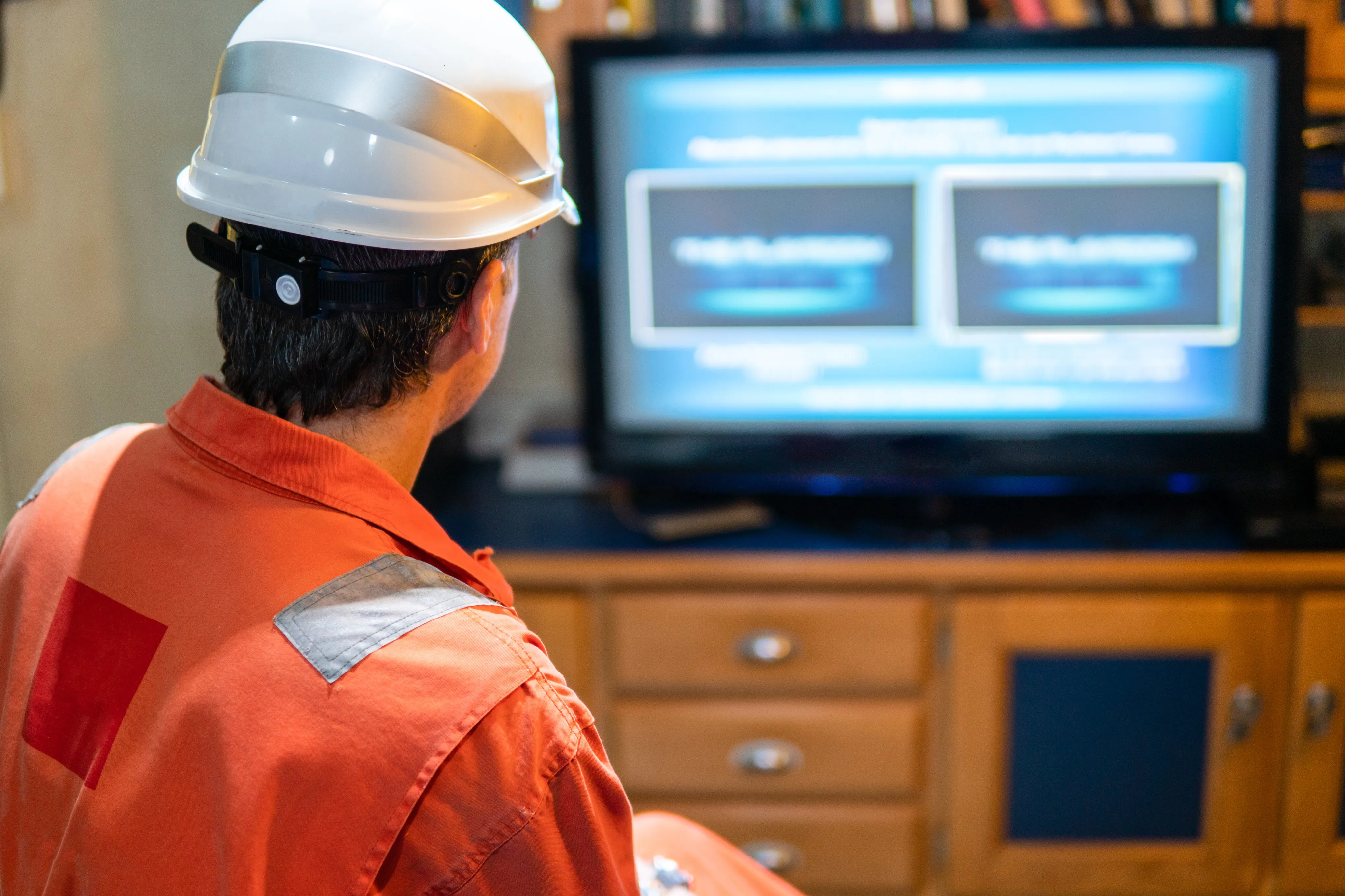 worker in hard hat viewing blurred TV screen device TV monitor