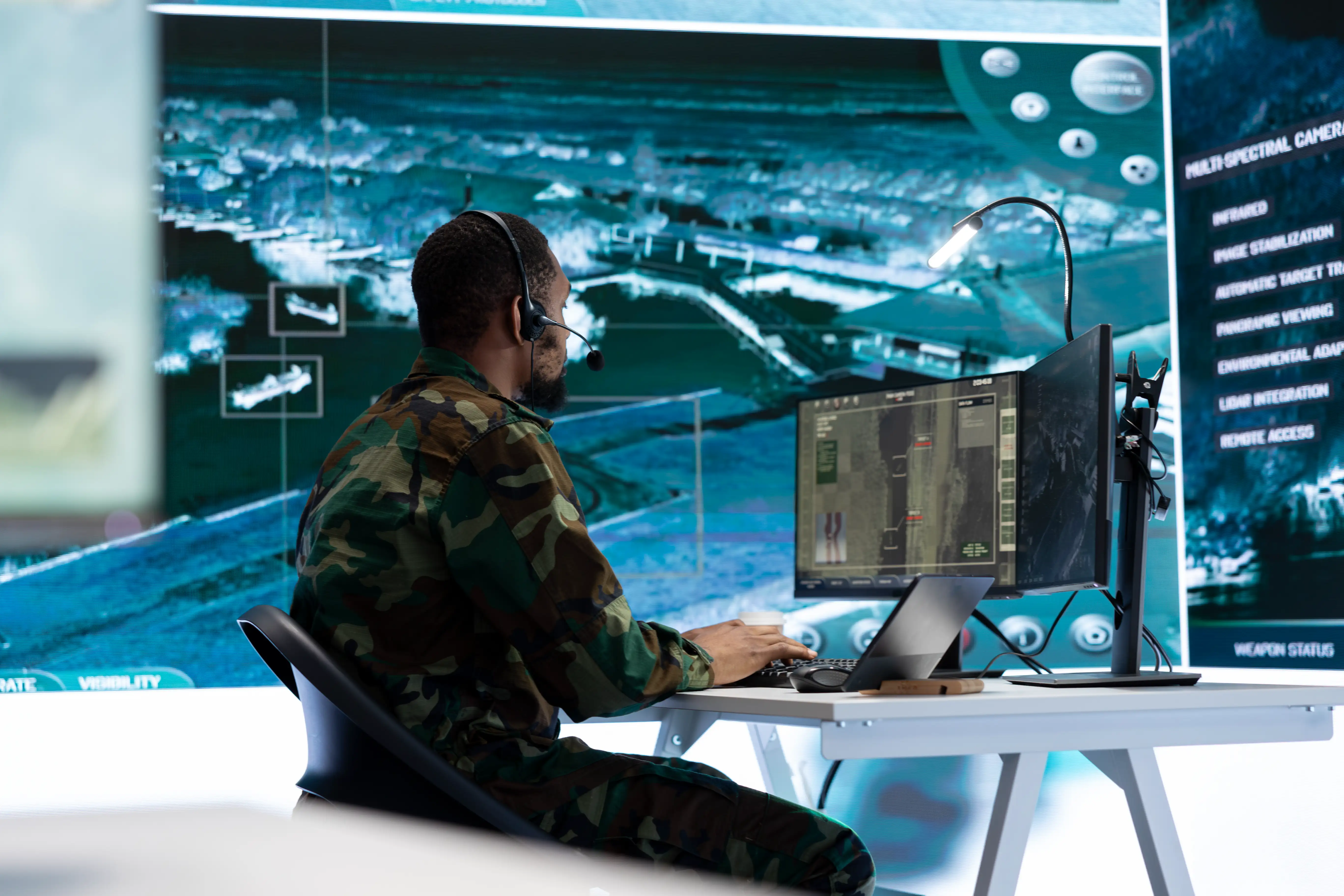 Operator in camouflage uniform using dual monitors in control room