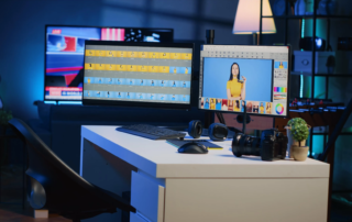 Dual monitors editing woman in yellow outfit beside camera gear