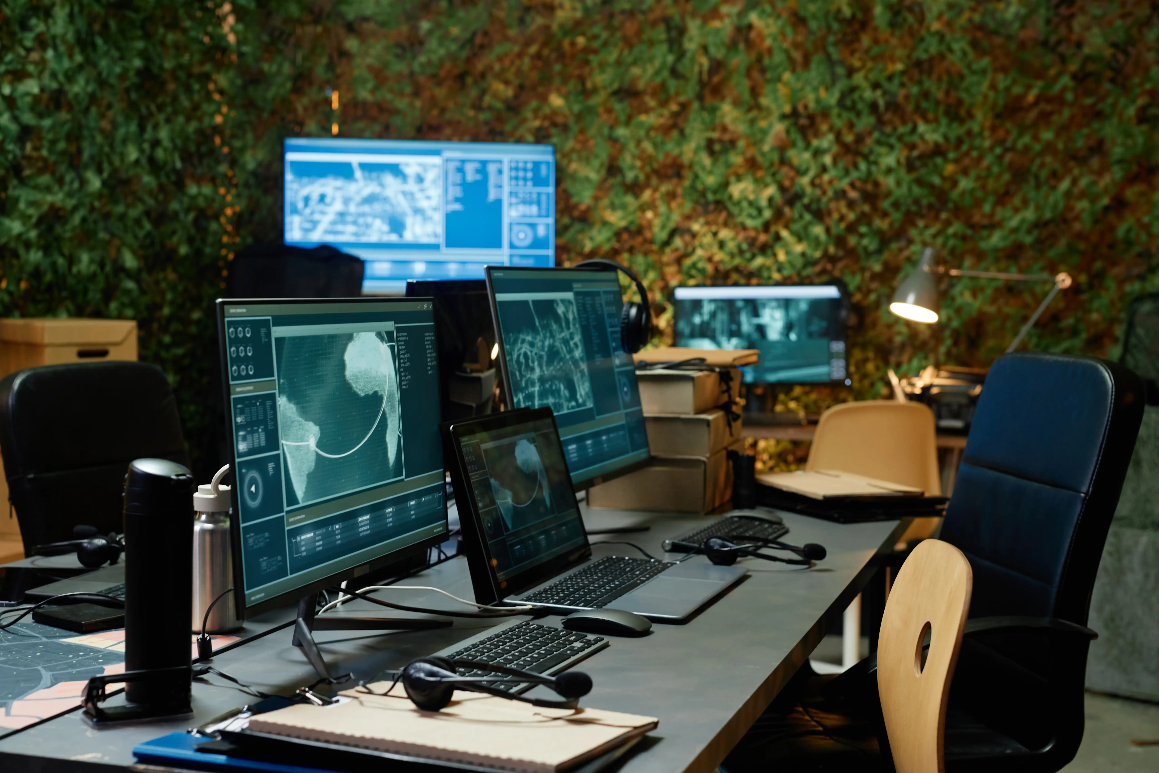part-of-spacious-office-of-secret-service-with-gro-2025-03-09-14-53-27-utc Intelligence office with multiple monitors and laptops displaying world maps