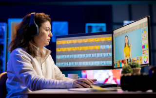 woman with headphones editing photos across dual monitors device dual monitors