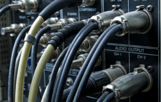 Closeup of thick audio cables connected to output ports on equipment