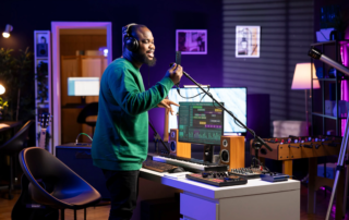 Music producer recording vocals using monitor microphone and headphones