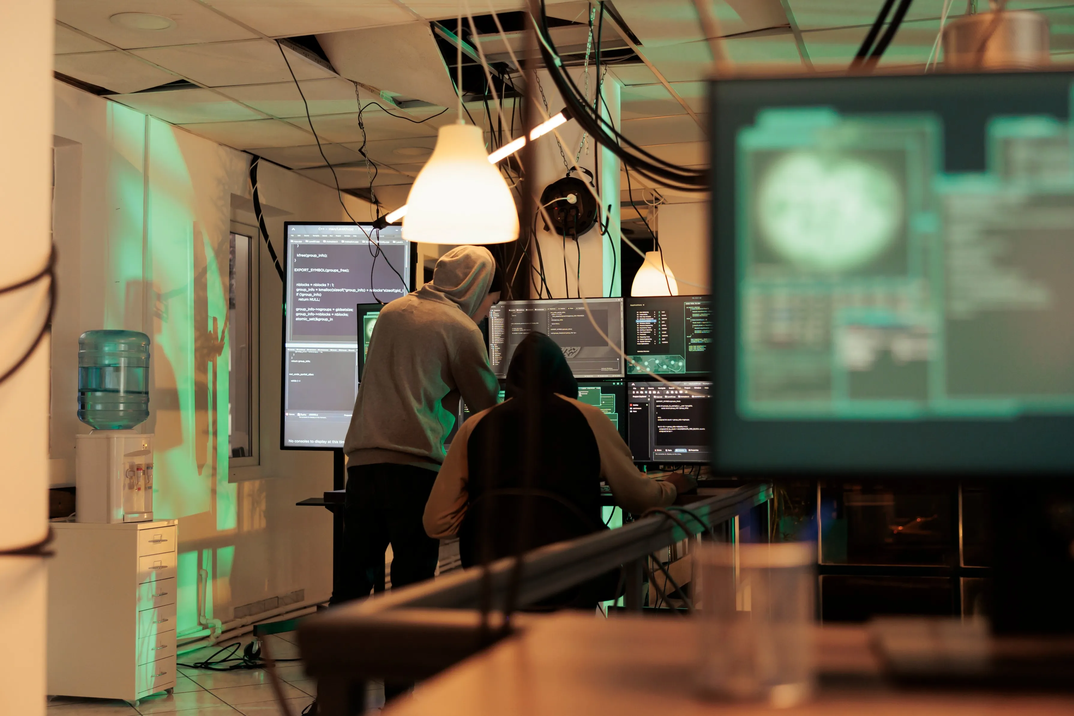 two coders in hoodies working at multiple monitors device monitors