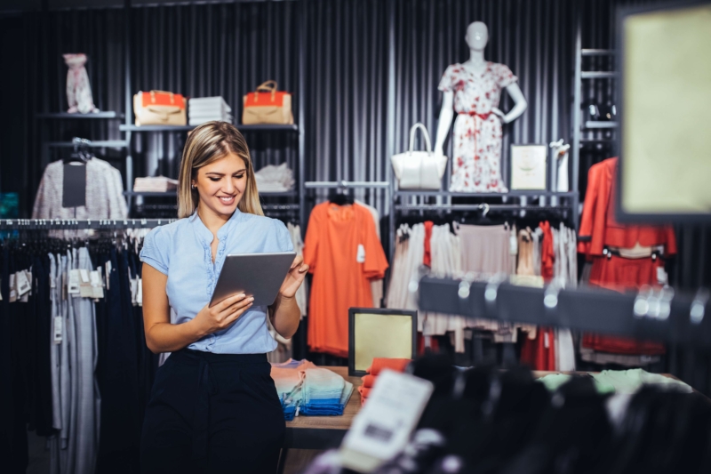 creating-a-website-to-promote-her-clothing-line-2024-10-14-03-23-19-utc (1) retail associate holding tablet amid clothing racks mannequins devices
