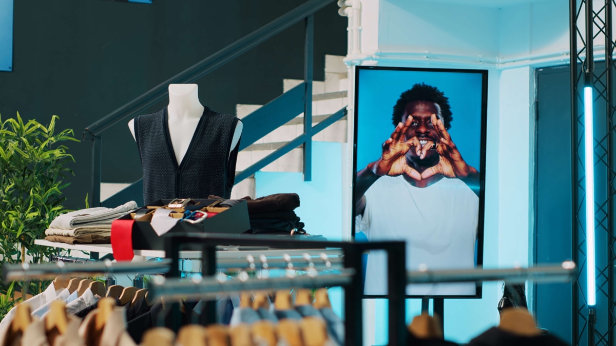 empty-modern-clothing-store-filled-with-formal-wea-2025-02-19-23-12-30-utc (1) mannequin with vest display table belts folded clothes clothing rack digital signage screen showing person making heart shape