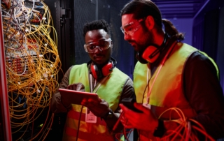 2 network technicians using tablet while repairing