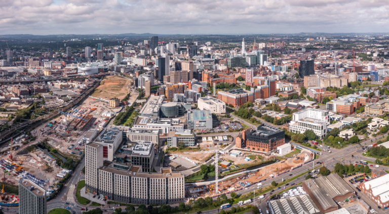 Aerial view of a Birmingham cityscape skyline with HS2 construction