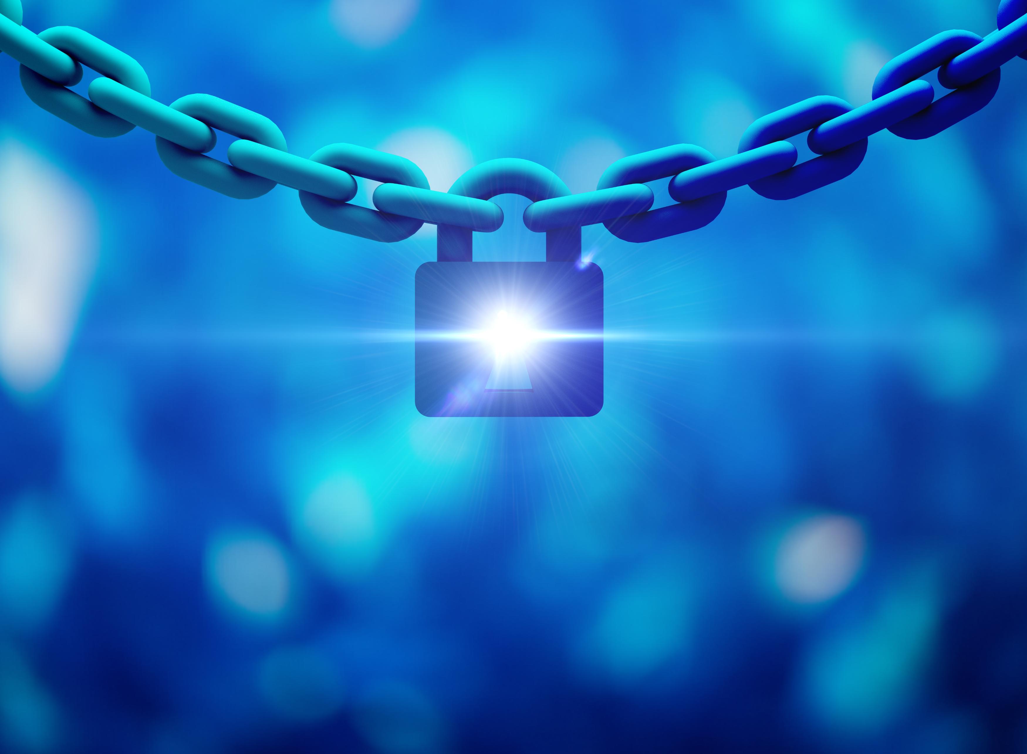 Lock on a chain on blue background