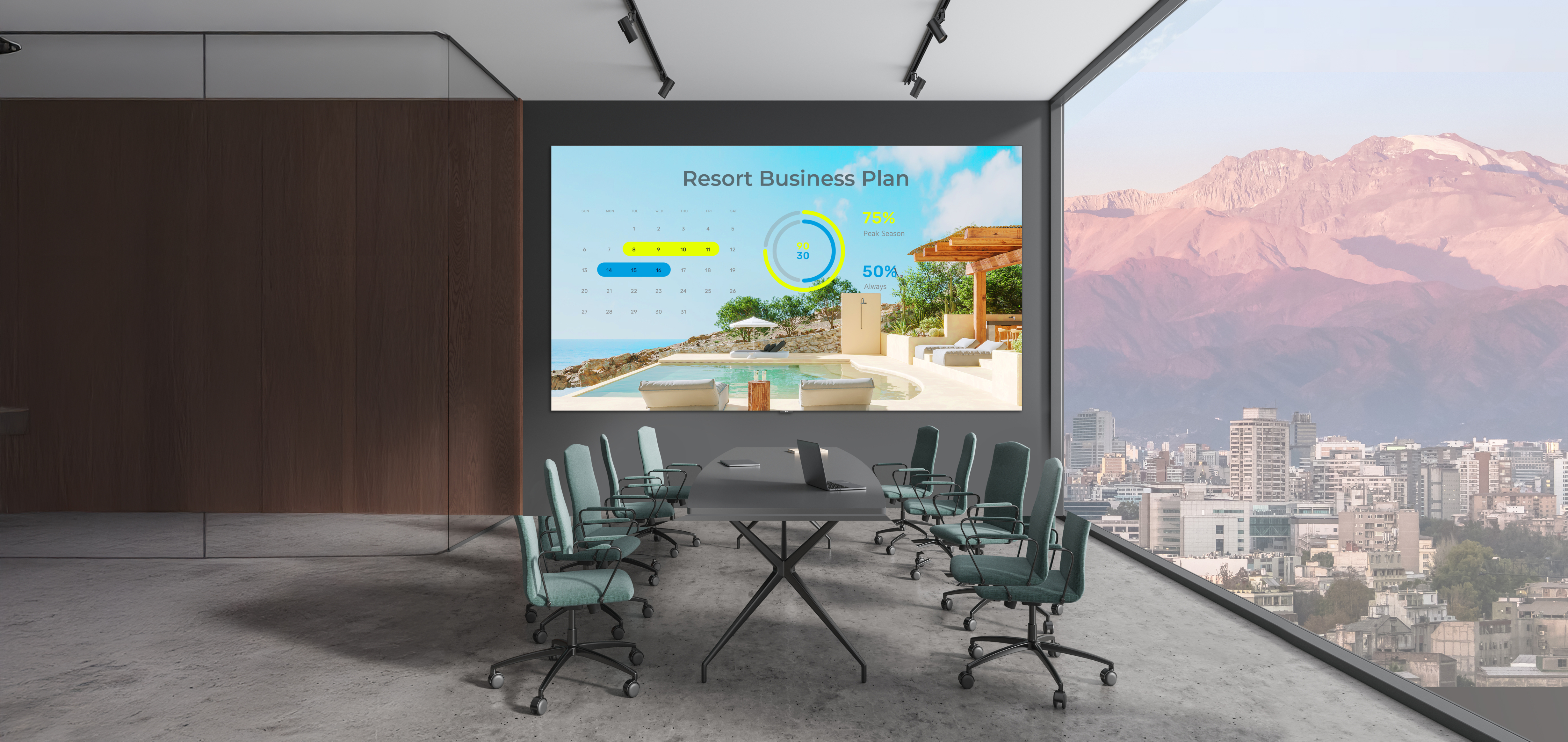 Grey conference room interior with office table and chairs, panoramic window